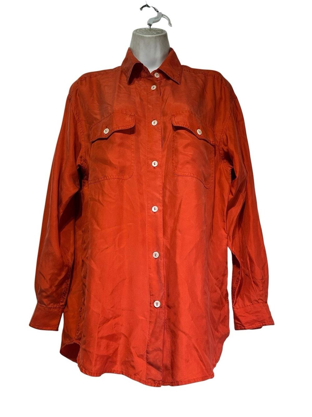 Lizwear Orange Silk Button Front Blouse Womens Small Vintage Minimalist Shirt
